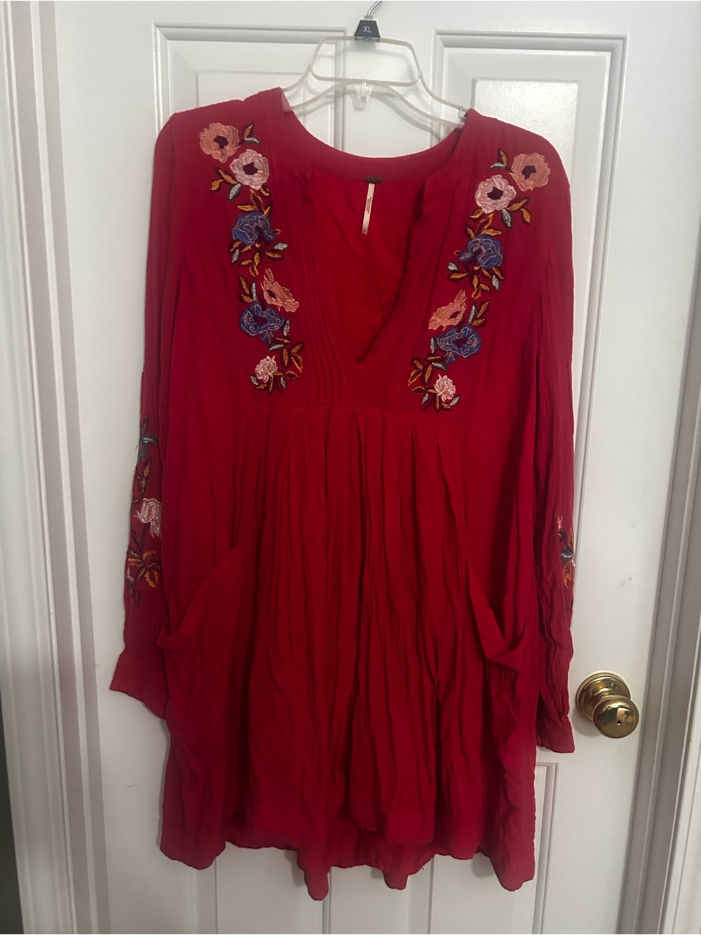 pink free people Embroidered boho Peasant flowy dress